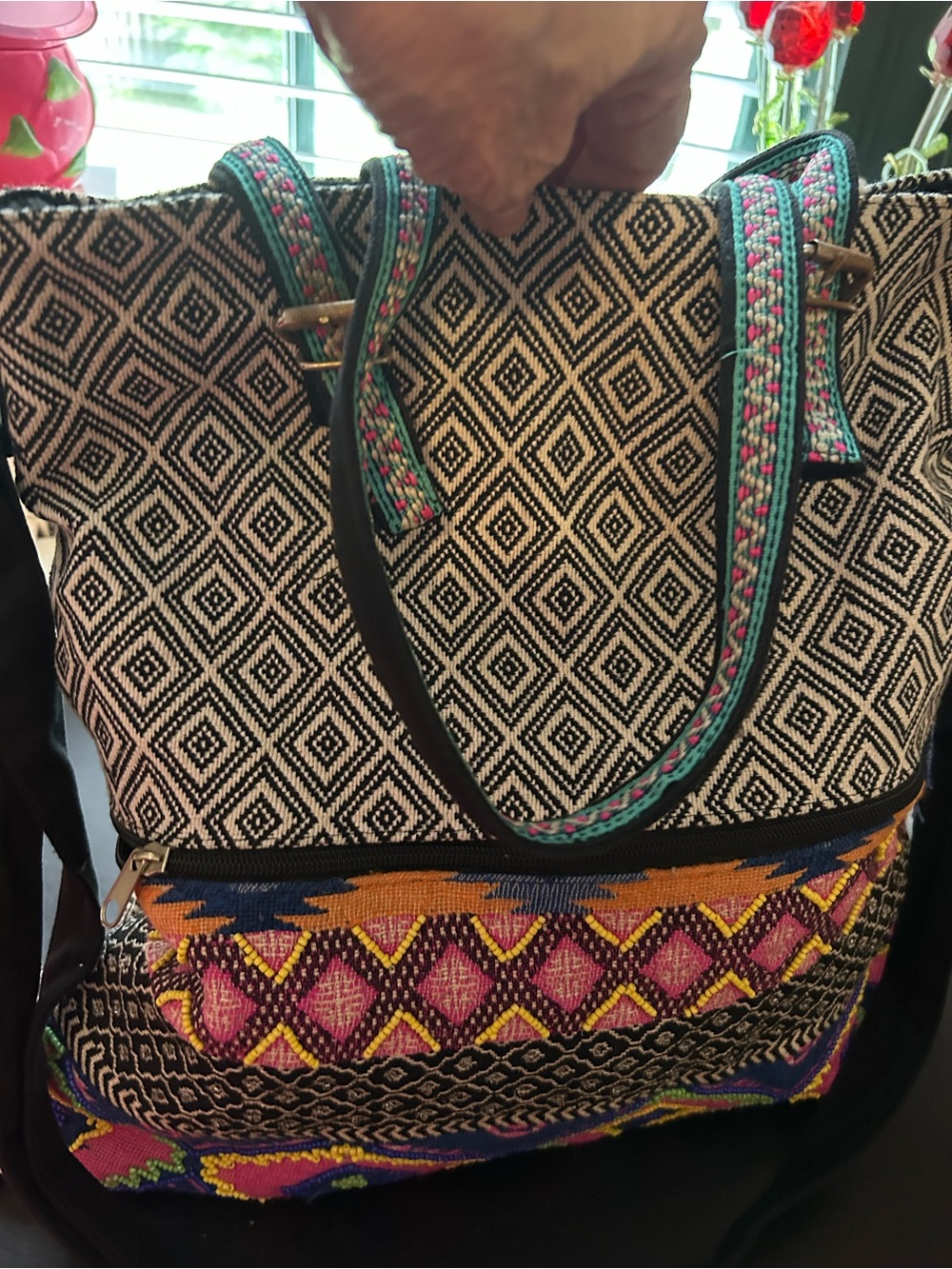 Boho Geometric Tote Bag with Pink & Teal Embroidered Straps